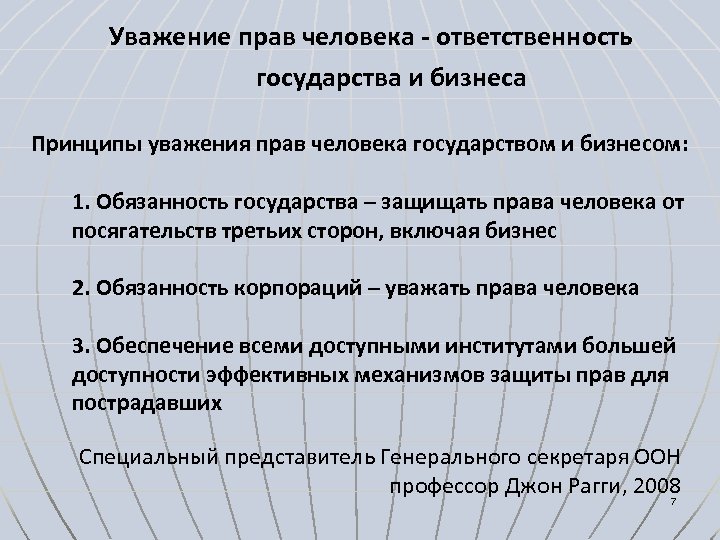 Уважение прав человека - ответственность государства и бизнеса Принципы уважения прав человека государством и