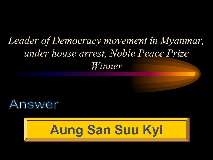 Leader of Democracy movement in Myanmar, under house arrest, Noble Peace Prize Winner Aung