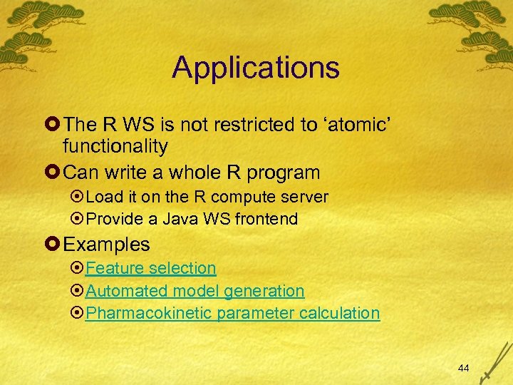 Applications £ The R WS is not restricted to ‘atomic’ functionality £ Can write