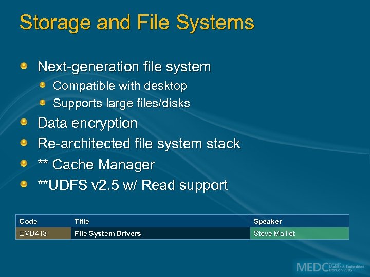 Storage and File Systems Next-generation file system Compatible with desktop Supports large files/disks Data