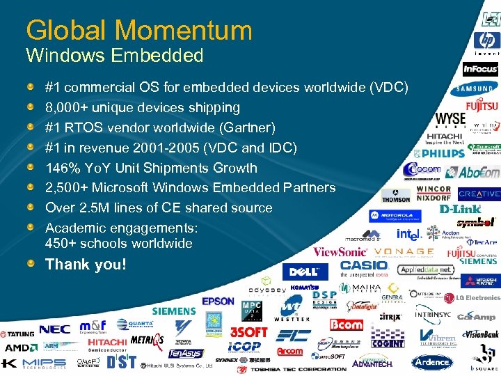 Global Momentum Windows Embedded #1 commercial OS for embedded devices worldwide (VDC) 8, 000+