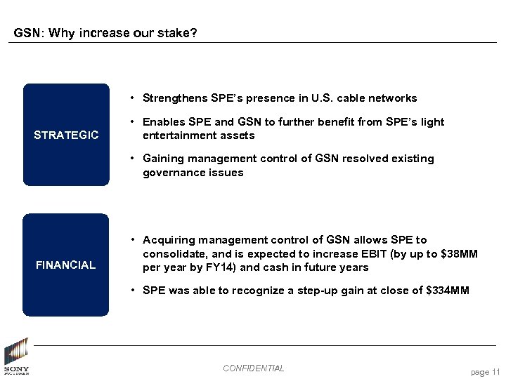 GSN: Why increase our stake? • Strengthens SPE’s presence in U. S. cable networks