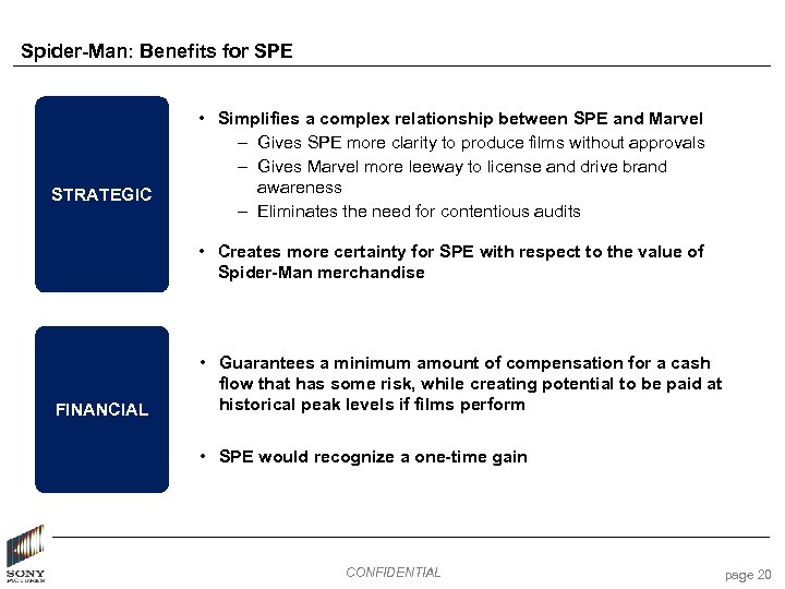 Spider-Man: Benefits for SPE STRATEGIC • Simplifies a complex relationship between SPE and Marvel