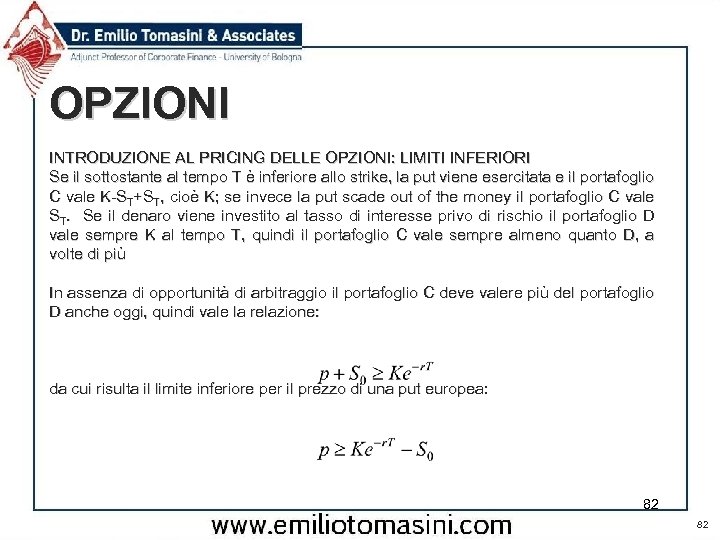 OPZIONI INTRODUZIONE AL PRICING DELLE OPZIONI: LIMITI INFERIORI Se il sottostante al tempo T