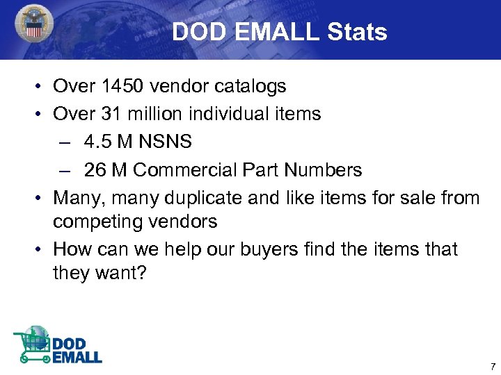 DOD EMALL Stats • Over 1450 vendor catalogs • Over 31 million individual items