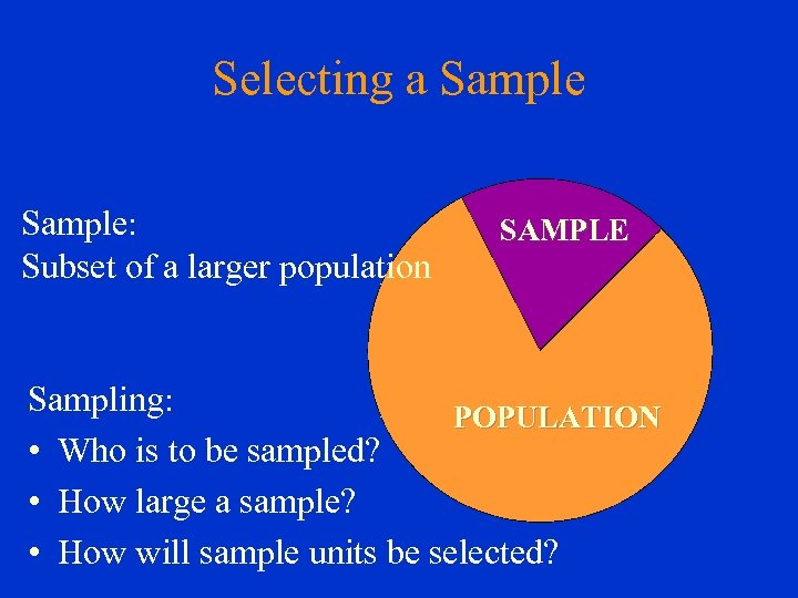 Selecting a Sample: Subset of a larger population SAMPLE Sampling: POPULATION • Who is