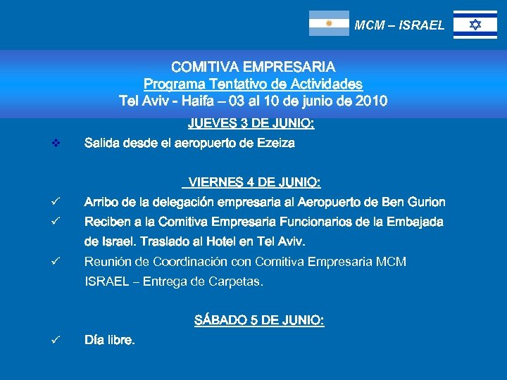 MCM – ISRAEL COMITIVA EMPRESARIA Programa Tentativo de Actividades Tel Aviv - Haifa –