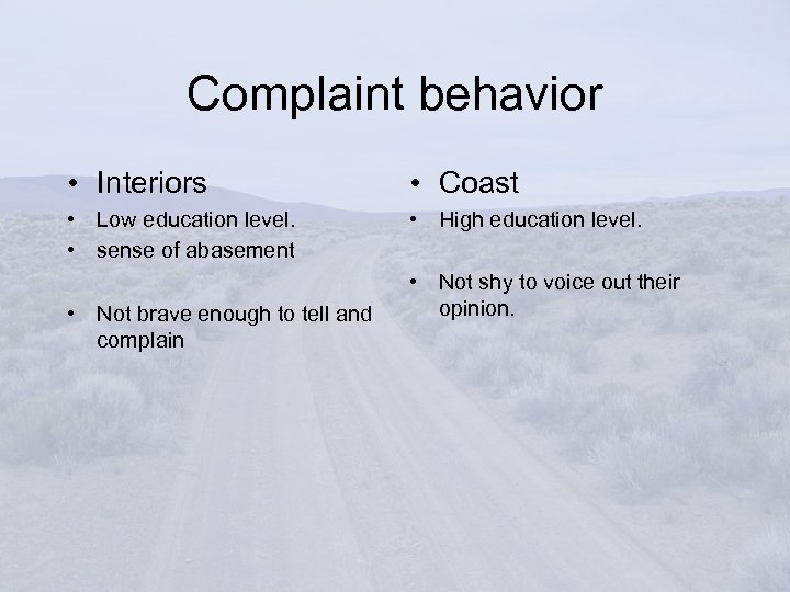 Complaint behavior • Interiors • Coast • Low education level. • sense of abasement