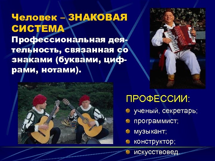 Человек – ЗНАКОВАЯ СИСТЕМА Профессиональная деятельность, связанная со знаками (буквами, цифрами, нотами). ПРОФЕССИИ: ученый,