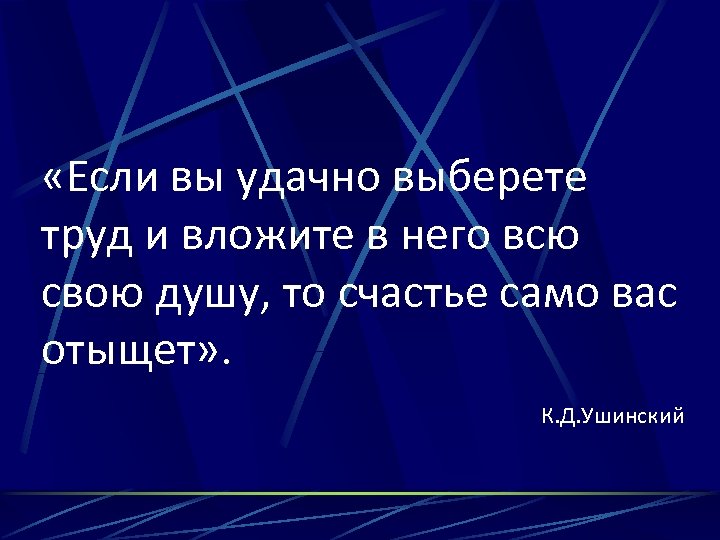  «Если вы удачно выберете труд и вложите в него всю свою душу, то