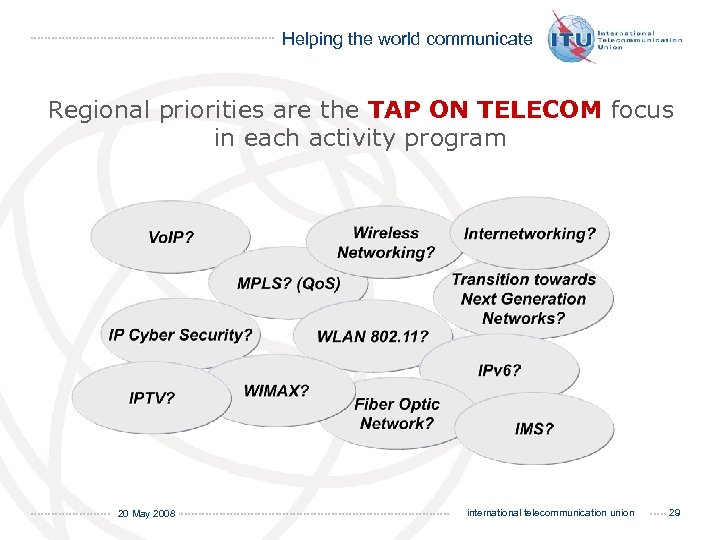Helping the world communicate Regional priorities are the TAP ON TELECOM focus in each