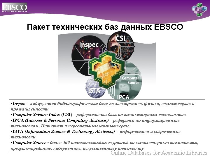 Пакет технических баз данных EBSCO • Inspec – лидирующая библиографическая база по электронике, физике,