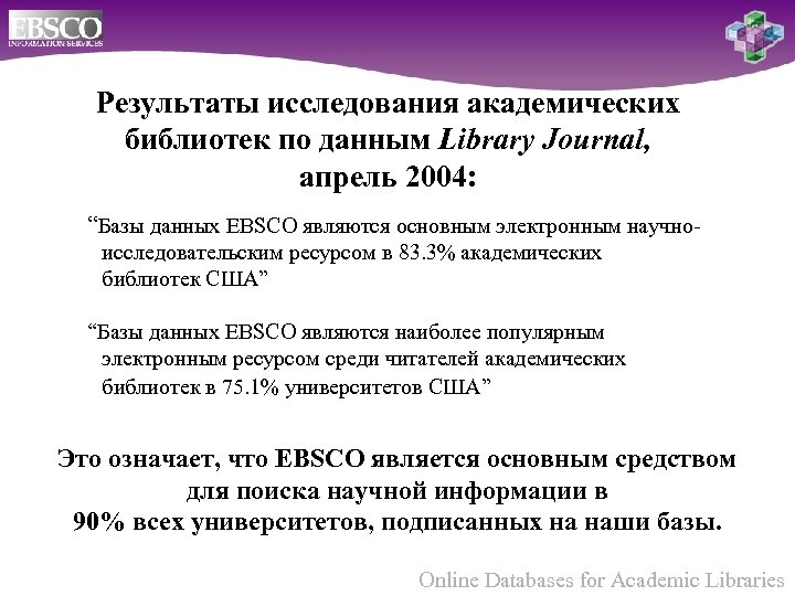Результаты исследования академических библиотек по данным Library Journal, апрель 2004: “Базы данных EBSCO являются