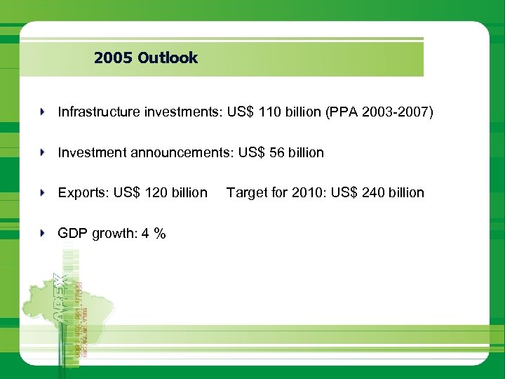 2005 Outlook Infrastructure investments: US$ 110 billion (PPA 2003 -2007) Investment announcements: US$ 56