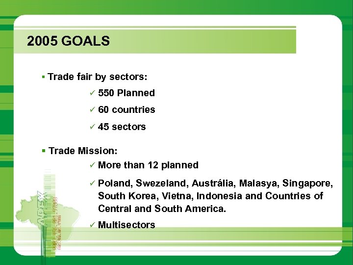 2005 GOALS § Trade fair by sectors: ü 550 Planned ü 60 countries ü