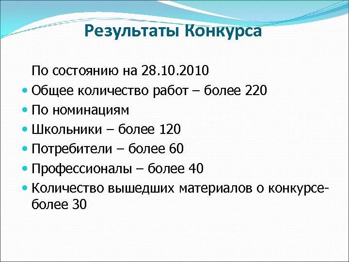 Результаты Конкурса По состоянию на 28. 10. 2010 Общее количество работ – более 220