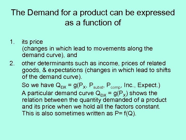 The Demand for a product can be expressed as a function of 1. 2.