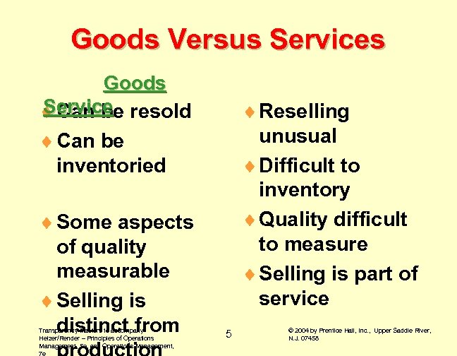 Goods Versus Services Goods Service ¨ Can be resold ¨ Can be inventoried ¨