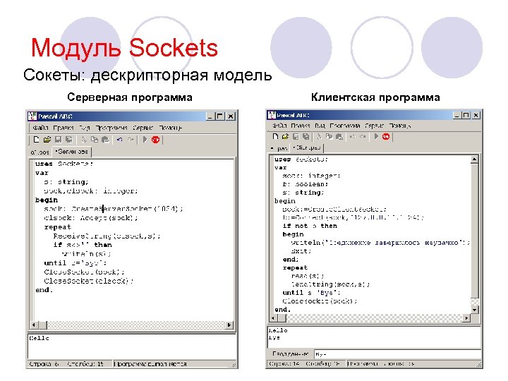 Модуль Sockets Сокеты: дескрипторная модель Серверная программа Клиентская программа 