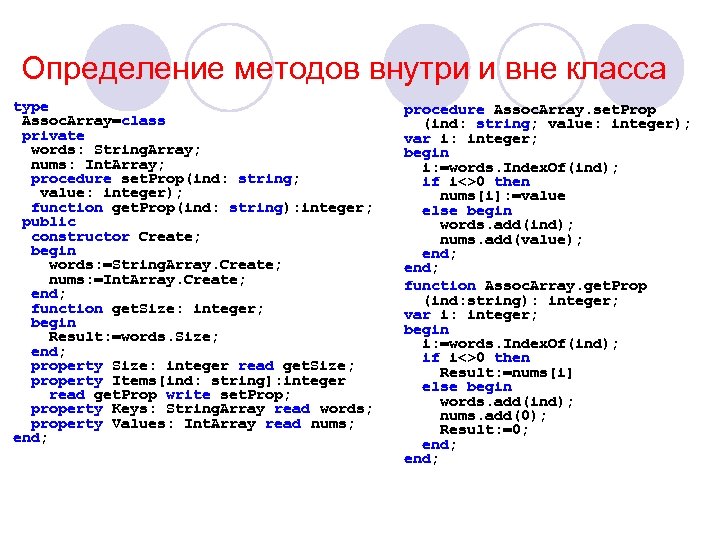Определение методов внутри и вне класса type Assoc. Array=class private words: String. Array; nums: