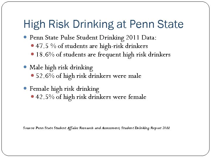 High Risk Drinking at Penn State Pulse Student Drinking 2011 Data: 47. 5 %