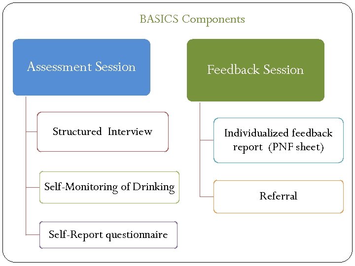 BASICS Components Assessment Session Structured Interview Self-Monitoring of Drinking Self-Report questionnaire Feedback Session Individualized