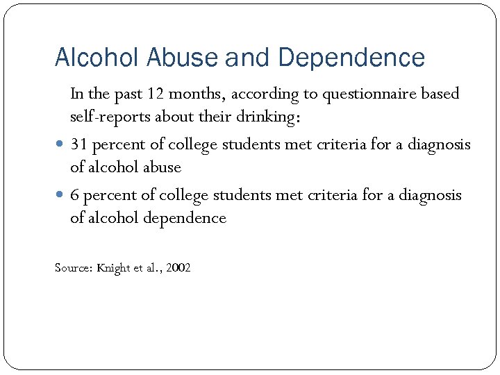 Alcohol Abuse and Dependence In the past 12 months, according to questionnaire based self-reports