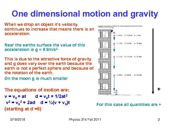 One dimensional motion and gravity When we drop an object it’s velocity continues to