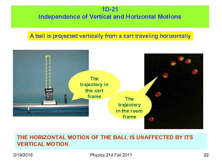 1 D-21 Independence of Vertical and Horizontal Motions A ball is projected vertically from