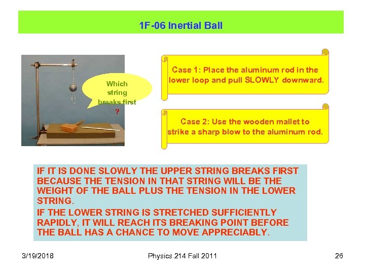 1 F-06 Inertial Ball Which string breaks first ? Case 1: Place the aluminum