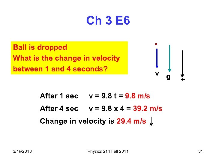 Ch 3 E 6 Ball is dropped What is the change in velocity between