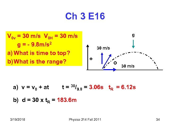 Ch 3 E 16 V 0 v = 30 m/s V 0 H =