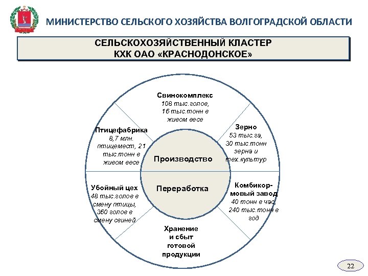 МИНИСТЕРСТВО СЕЛЬСКОГО ХОЗЯЙСТВА ВОЛГОГРАДСКОЙ ОБЛАСТИ СЕЛЬСКОХОЗЯЙСТВЕННЫЙ КЛАСТЕР КХК ОАО «КРАСНОДОНСКОЕ» Свинокомплекс 108 тыс. голов,