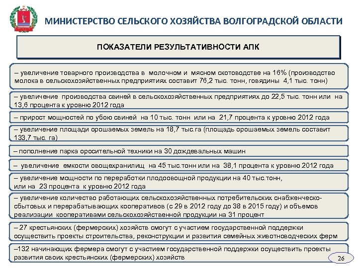 МИНИСТЕРСТВО СЕЛЬСКОГО ХОЗЯЙСТВА ВОЛГОГРАДСКОЙ ОБЛАСТИ ПОКАЗАТЕЛИ РЕЗУЛЬТАТИВНОСТИ АПК – увеличение товарного производства в молочном