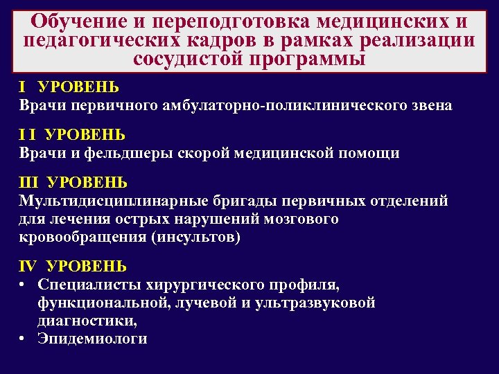 Обучение и переподготовка медицинских и педагогических кадров в рамках реализации сосудистой программы I УРОВЕНЬ