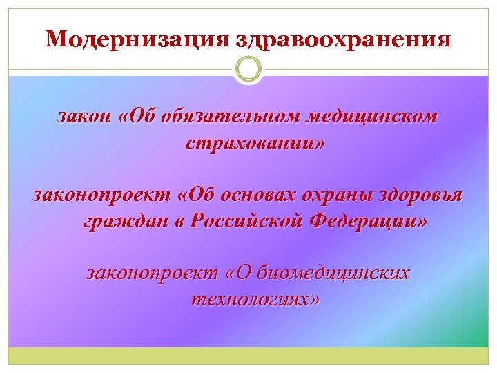 Модернизация здравоохранения закон «Об обязательном медицинском страховании» законопроект «Об основах охраны здоровья граждан в