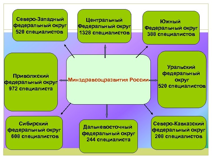 Северо-Западный федеральный округ 520 специалистов Приволжский федеральный округ 972 специалиста Сибирский федеральный округ 608