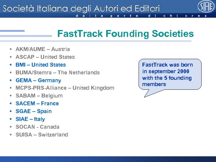 Fast. Track Founding Societies § § § AKM/AUME – Austria ASCAP – United States