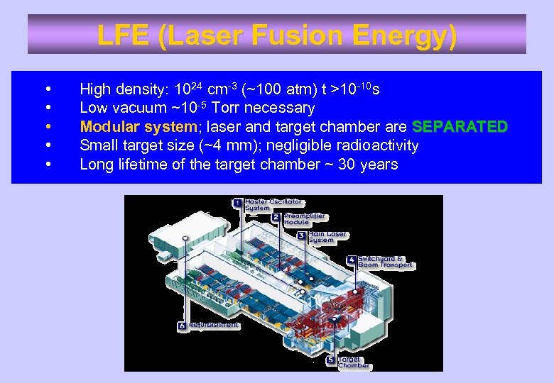 LFE (Laser Fusion Energy) • • • High density: 1024 cm-3 (~100 atm) t