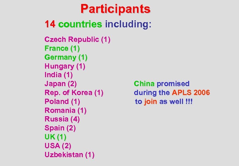 Participants 14 countries including: Czech Republic (1) France (1) Germany (1) Hungary (1) India