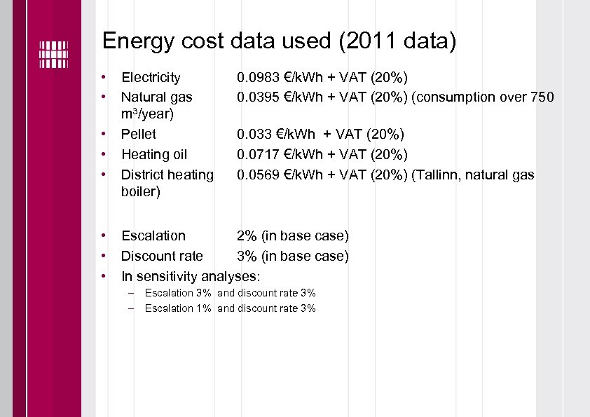 Energy cost data used (2011 data) • • Electricity Natural gas m 3/year) Pellet