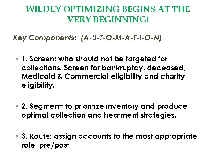 WILDLY OPTIMIZING BEGINS AT THE VERY BEGINNING! Key Components: (A-U-T-O-M-A-T-I-O-N) • 1. Screen: who