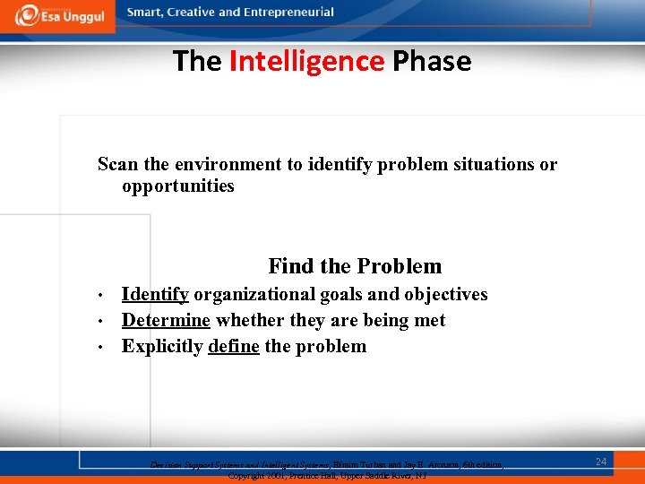 The Intelligence Phase Scan the environment to identify problem situations or opportunities Find the