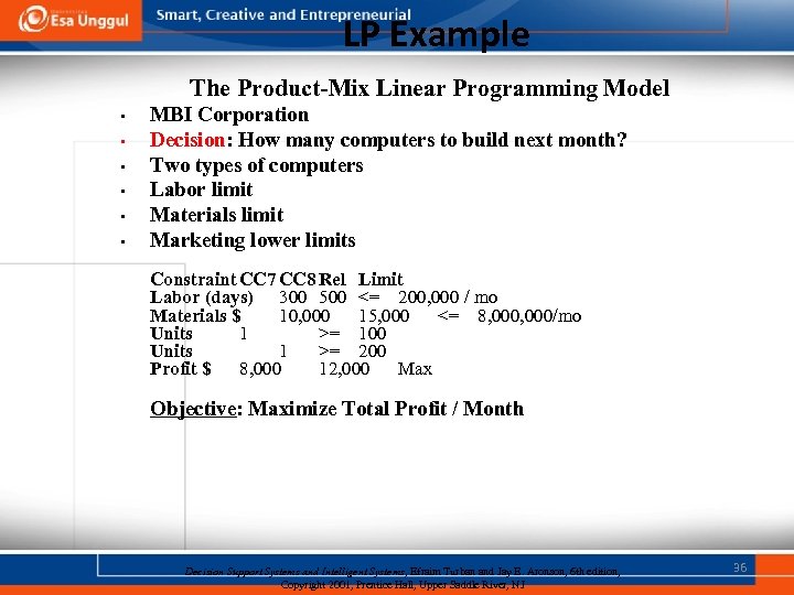 LP Example The Product-Mix Linear Programming Model • • • MBI Corporation Decision: How