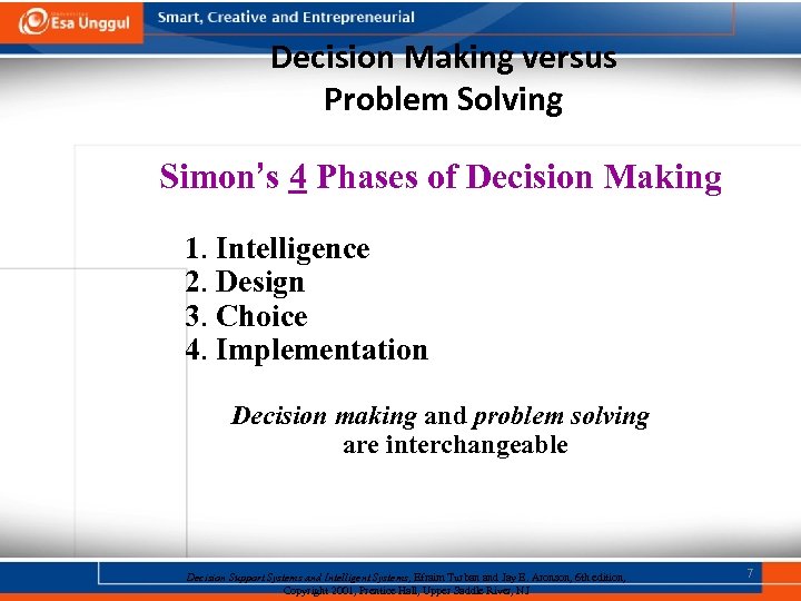 Decision Making versus Problem Solving Simon’s 4 Phases of Decision Making 1. Intelligence 2.