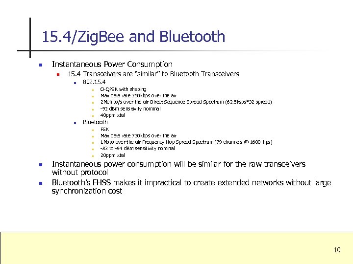 15. 4/Zig. Bee and Bluetooth n Instantaneous Power Consumption n 15. 4 Transceivers are