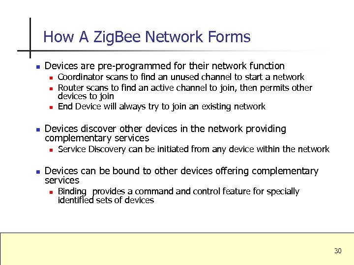How A Zig. Bee Network Forms n Devices are pre-programmed for their network function