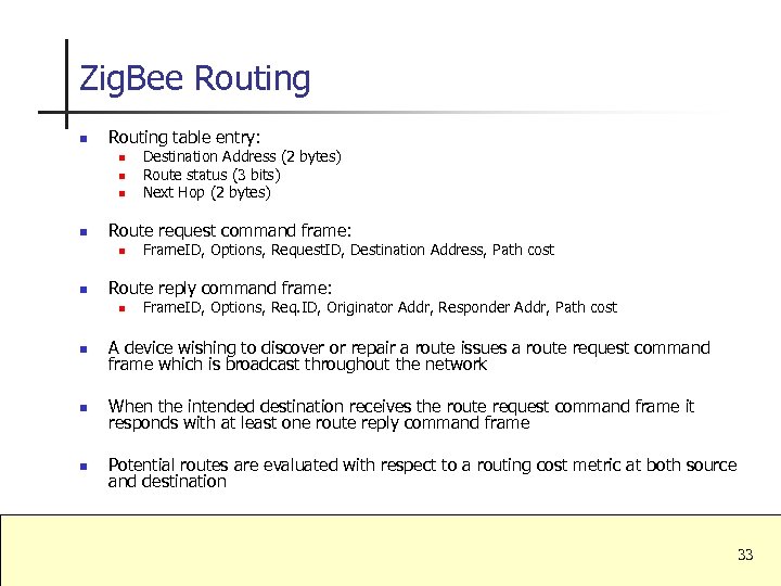Zig. Bee Routing n Routing table entry: n n Route request command frame: n