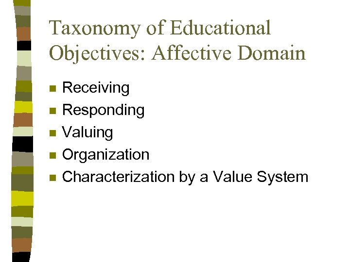 Taxonomy of Educational Objectives: Affective Domain n n Receiving Responding Valuing Organization Characterization by