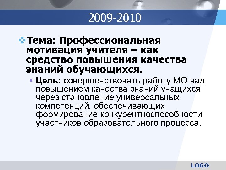 2009 -2010 v. Тема: Профессиональная мотивация учителя – как средство повышения качества знаний обучающихся.